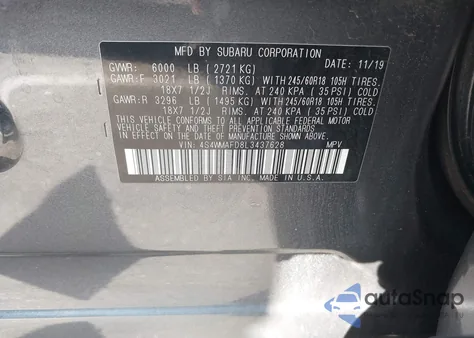 2020 Subaru Ascent Premium z USA, uszkodzony, nr VIN 4S4WMAFD8L3437628